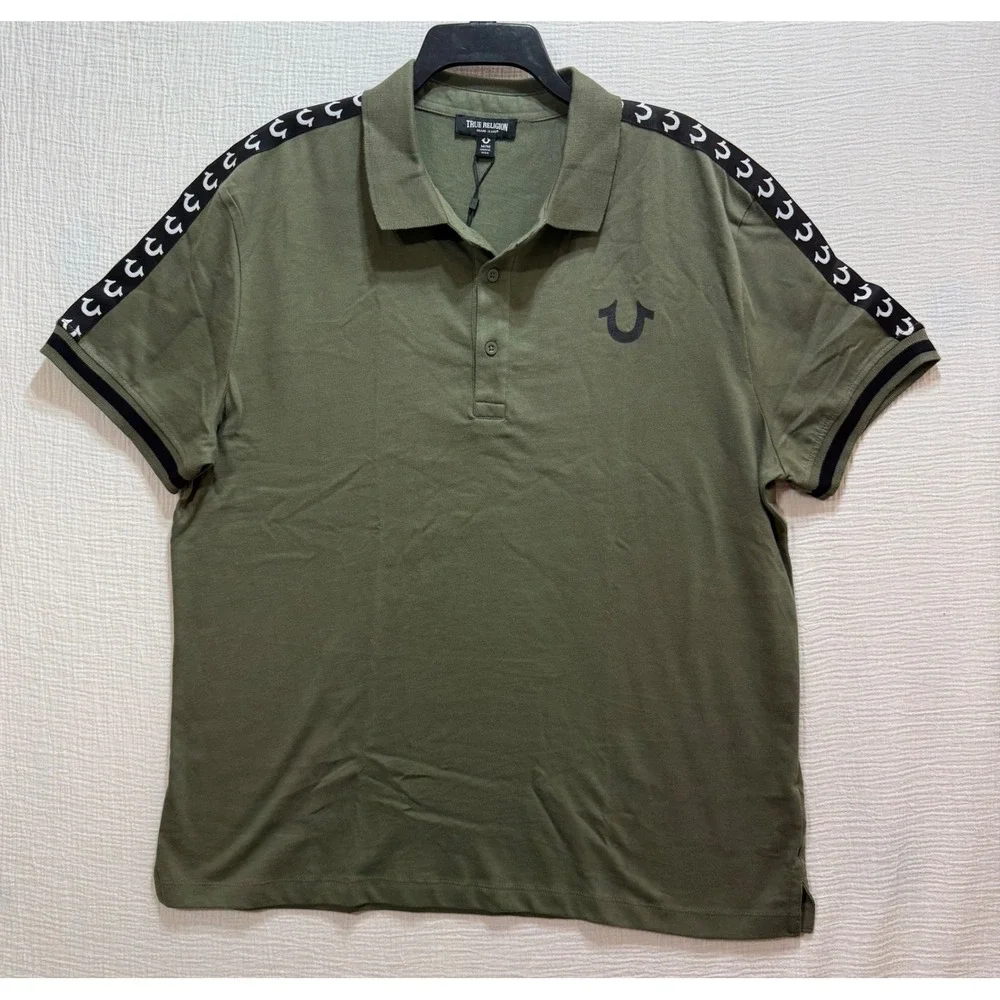 True Religion Men's Polo Shirt M Olive Green TR Logo Trim Relaxed Fit‎ Grunge